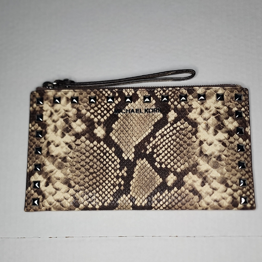 Michael Kors Brown Snake Print Studded Wristlet